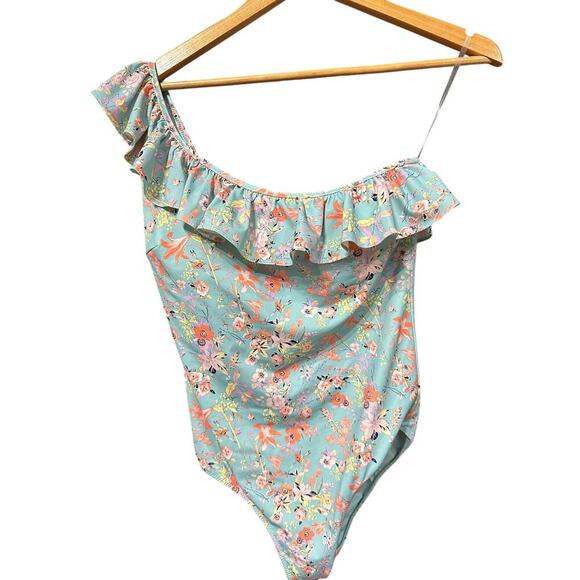 Vineyard Vines One Shoulder Ruffle One piece Swimwear Flower Field Aqua S - Picture 3 of 7